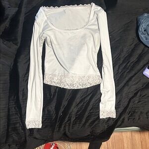 White Lace-Trim Long Sleeve Top - Women